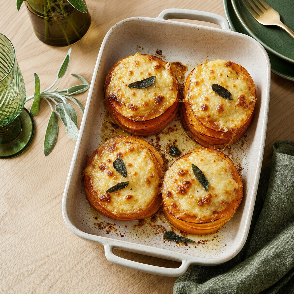 Petits gratins de potiron dorés avec une croûte de comté, dîner d’exemple