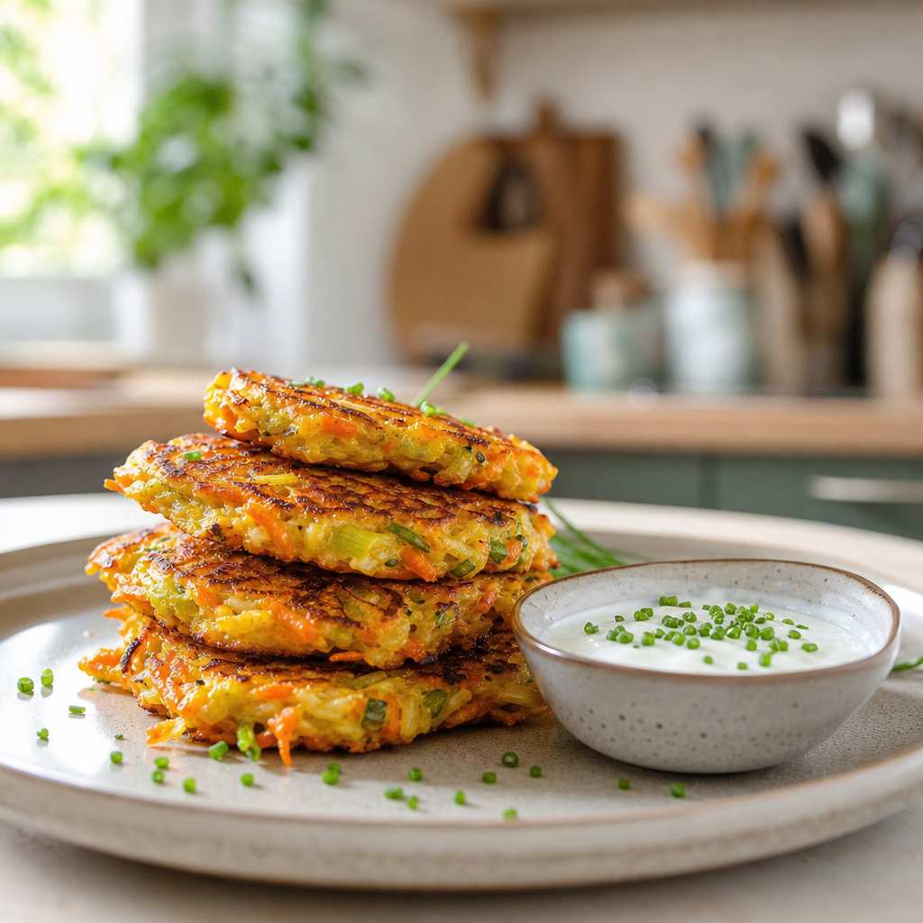 Galettes dorées de carottes et poireaux avec une sauce yaourt, dîner d’exemple