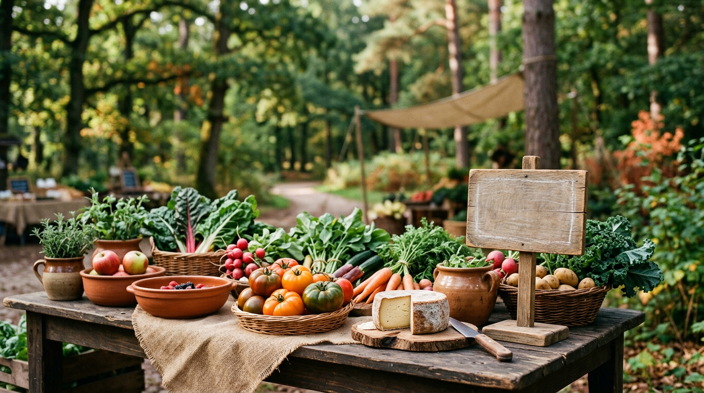 Un étal de ferme avec légumes, fruits et fromage frais, exemple de l’arrêt Frais & local