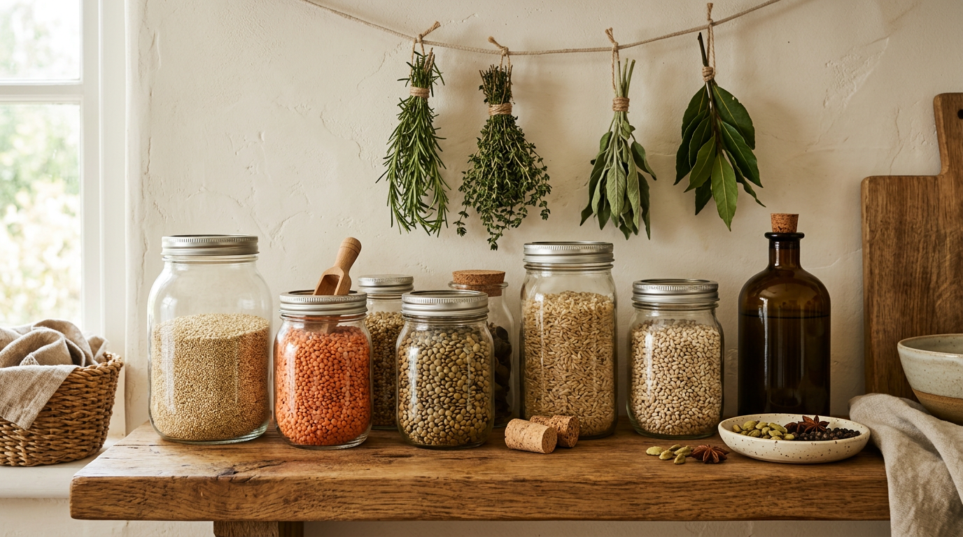 Des bocaux d’épicerie avec céréales, huile et herbes séchées, exemple de l’arrêt Placard & épicerie