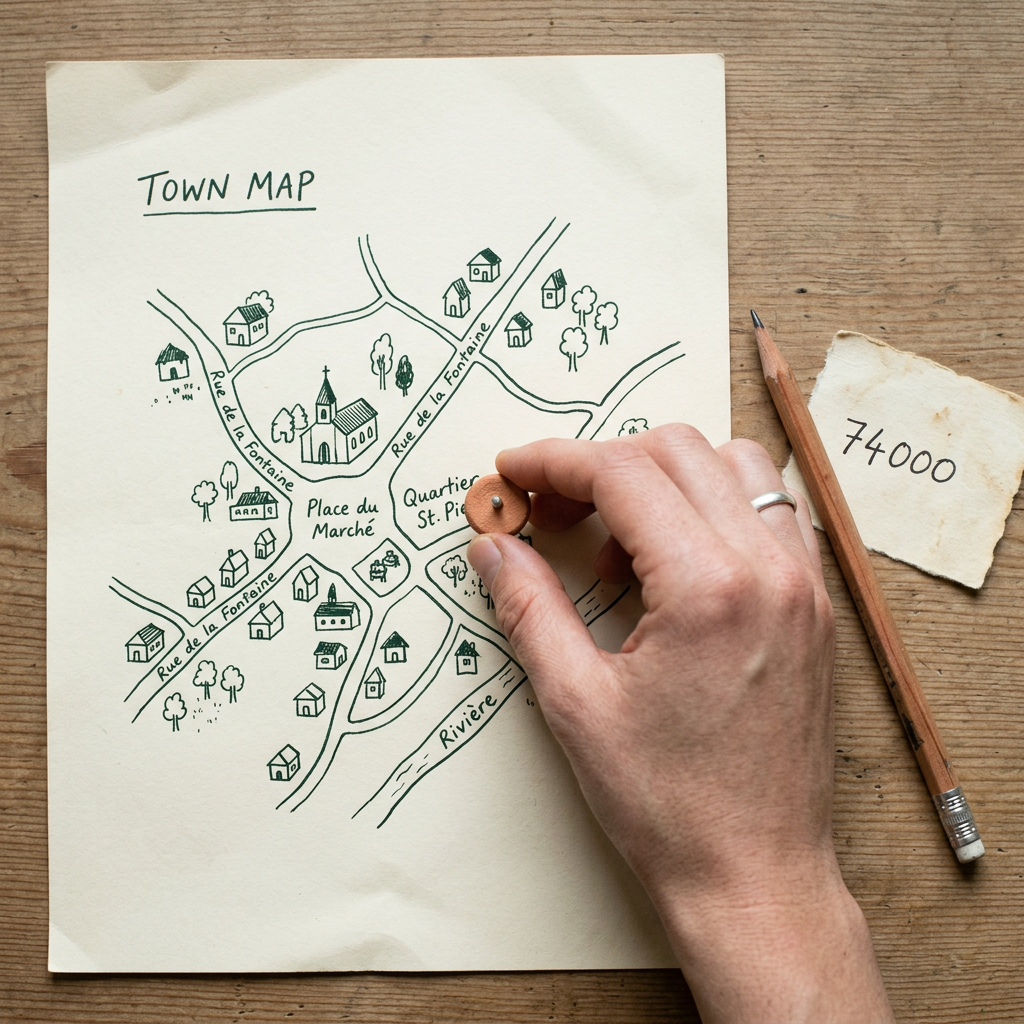 Une épingle placée sur un plan de ville dessiné, à côté d’un code postal manuscrit