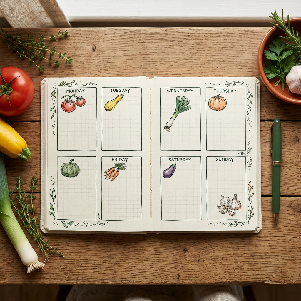 Un planning de la semaine esquissé avec des légumes de saison pour chaque jour