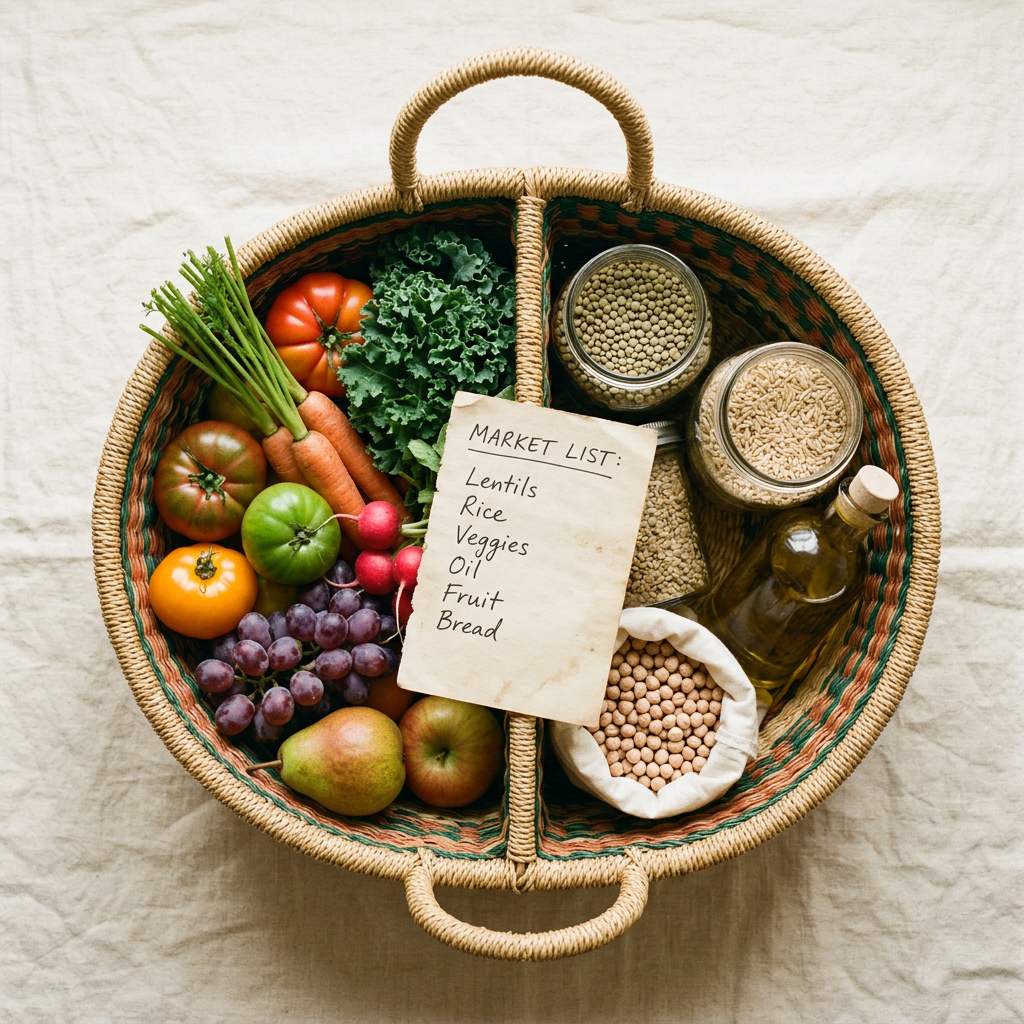Un panier de marché partagé entre produits frais et bocaux d’épicerie, avec une liste de courses dessus